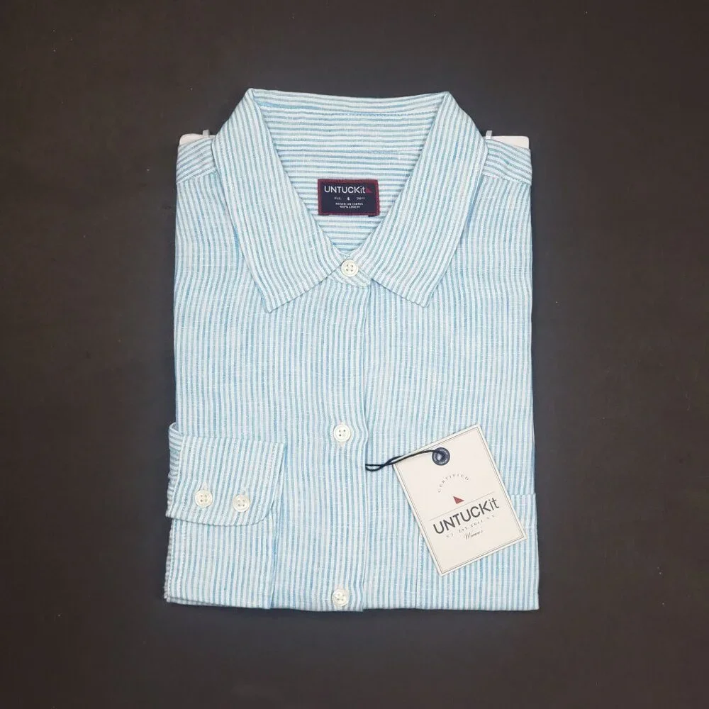 UNTUCKit Sherry Linen LS Shirt Womens Size 4 Light Turquoise Blue & White Stripe - Picture 14 of 15